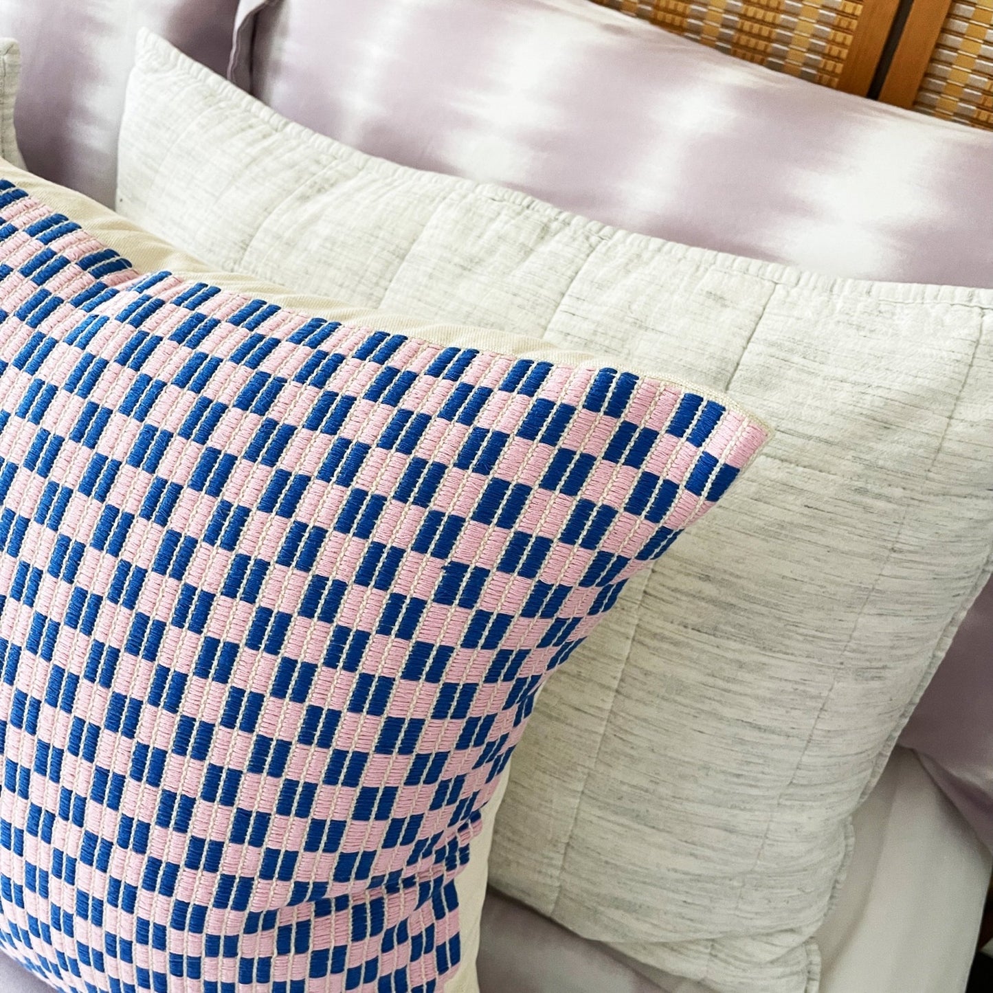 Checkered Brocade Pillow - Pink & Blue - Square - mosswell.us