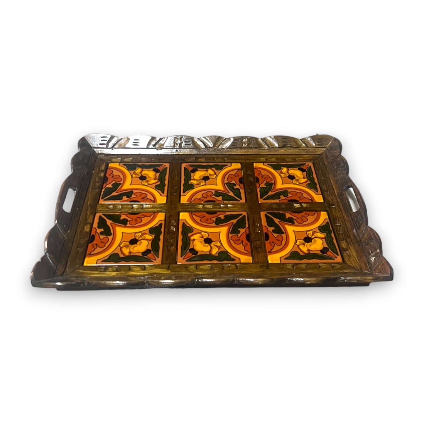 Handcrafted Talavera Tile Serving Tray | Mexican Wooden Tray - Cat Rodeo