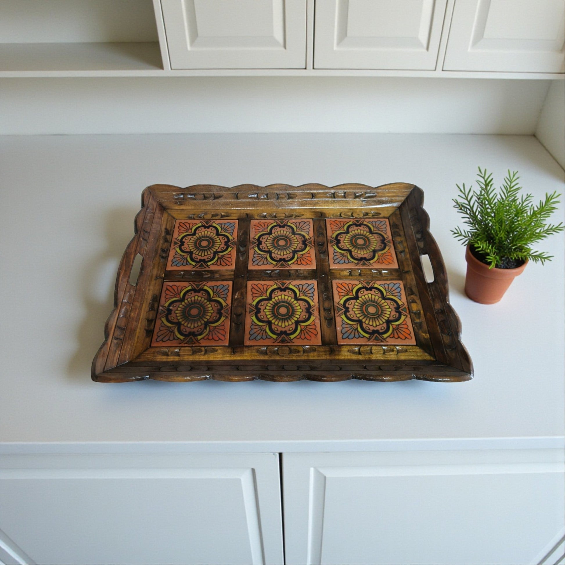Handcrafted Talavera Tile Serving Tray | Mexican Wooden Tray - Cat Rodeo