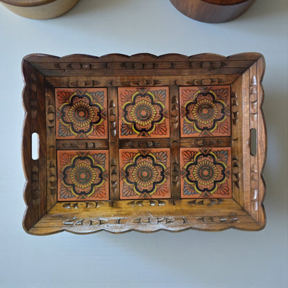 Handcrafted Talavera Tile Serving Tray | Mexican Wooden Tray - Cat Rodeo