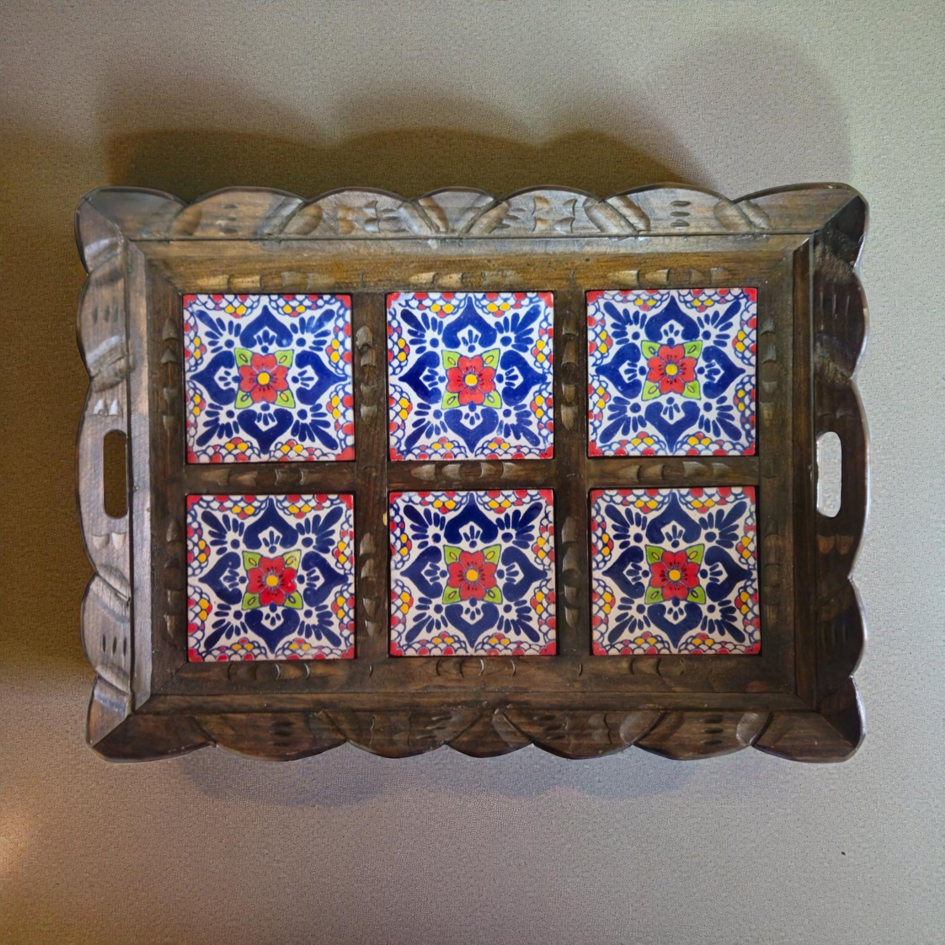 Handcrafted Talavera Tile Serving Tray | Mexican Wooden Tray - Cat Rodeo
