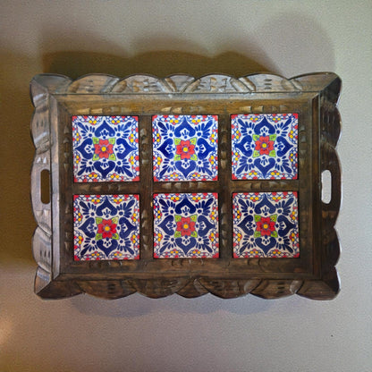 Handcrafted Talavera Tile Serving Tray | Mexican Wooden Tray - Cat Rodeo