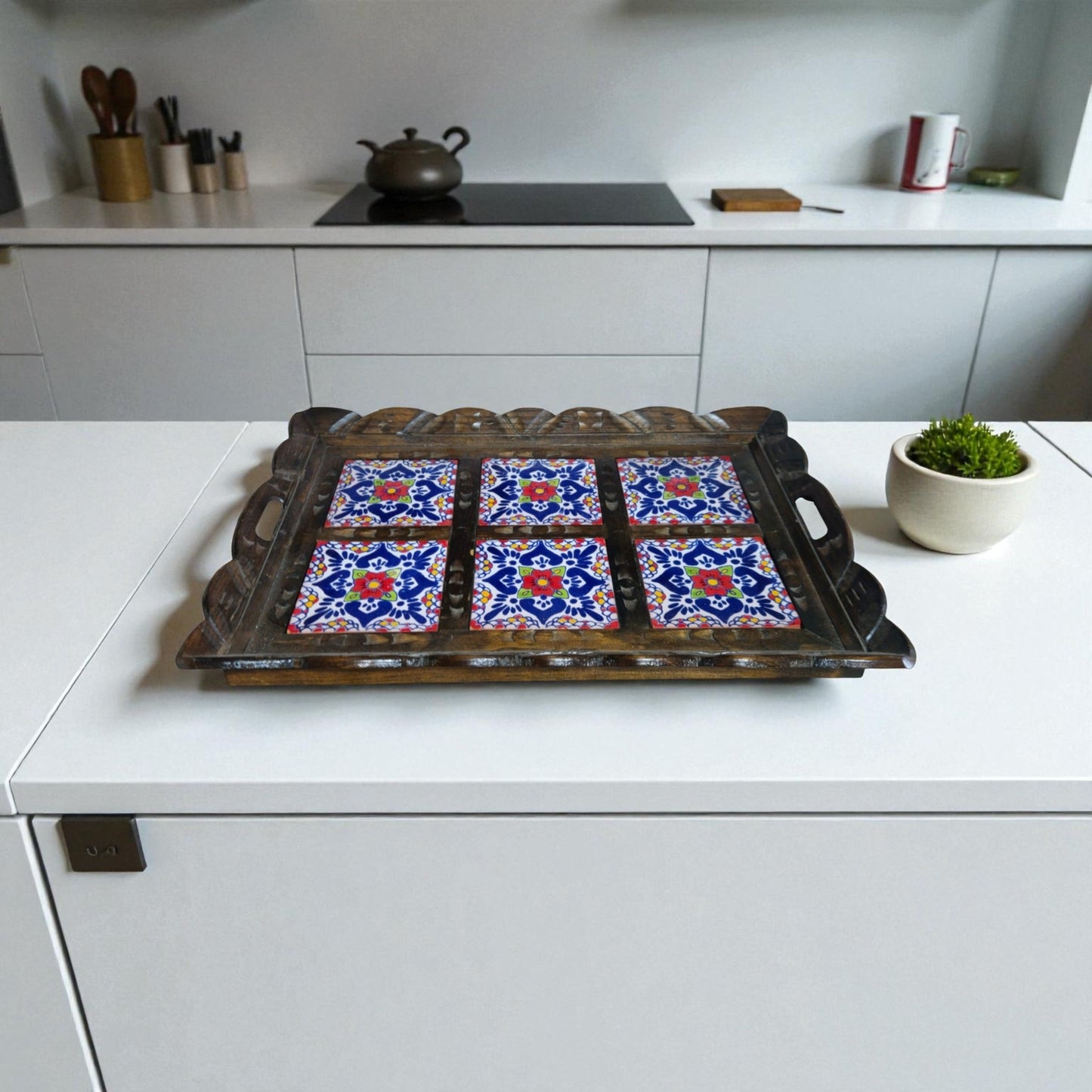 Handcrafted Talavera Tile Serving Tray | Mexican Wooden Tray - Cat Rodeo
