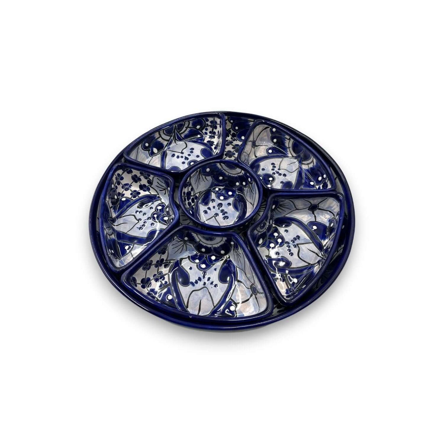 Handmade Talavera Appetizer Tray | Blue and White Sectional Platter - Cat Rodeo
