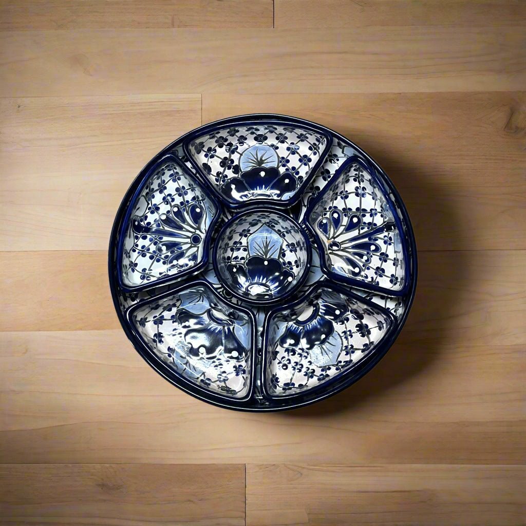 Handmade Talavera Appetizer Tray | Blue and White Sectional Platter - Cat Rodeo