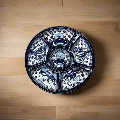 Handmade Talavera Appetizer Tray | Blue and White Sectional Platter - Cat Rodeo