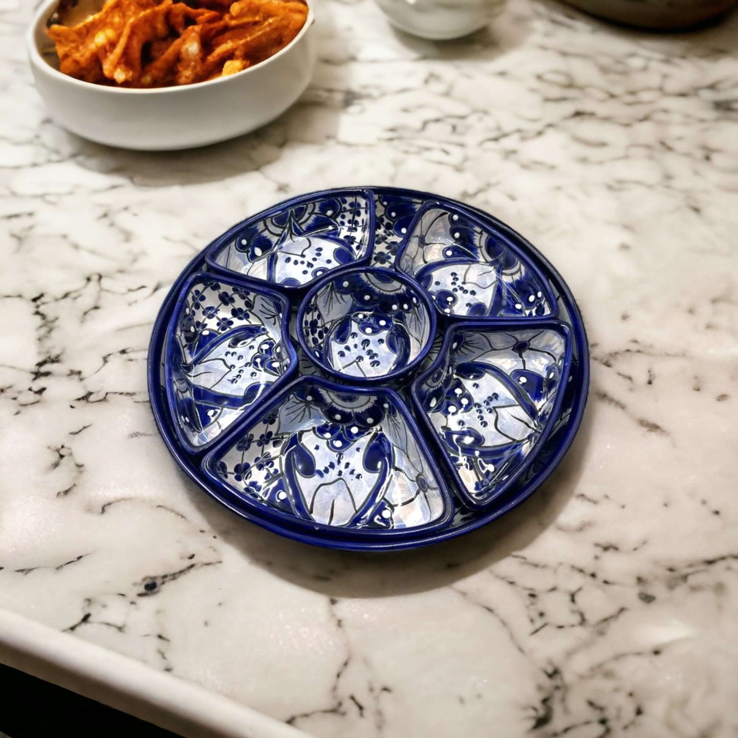 Handmade Talavera Appetizer Tray | Blue and White Sectional Platter - Cat Rodeo