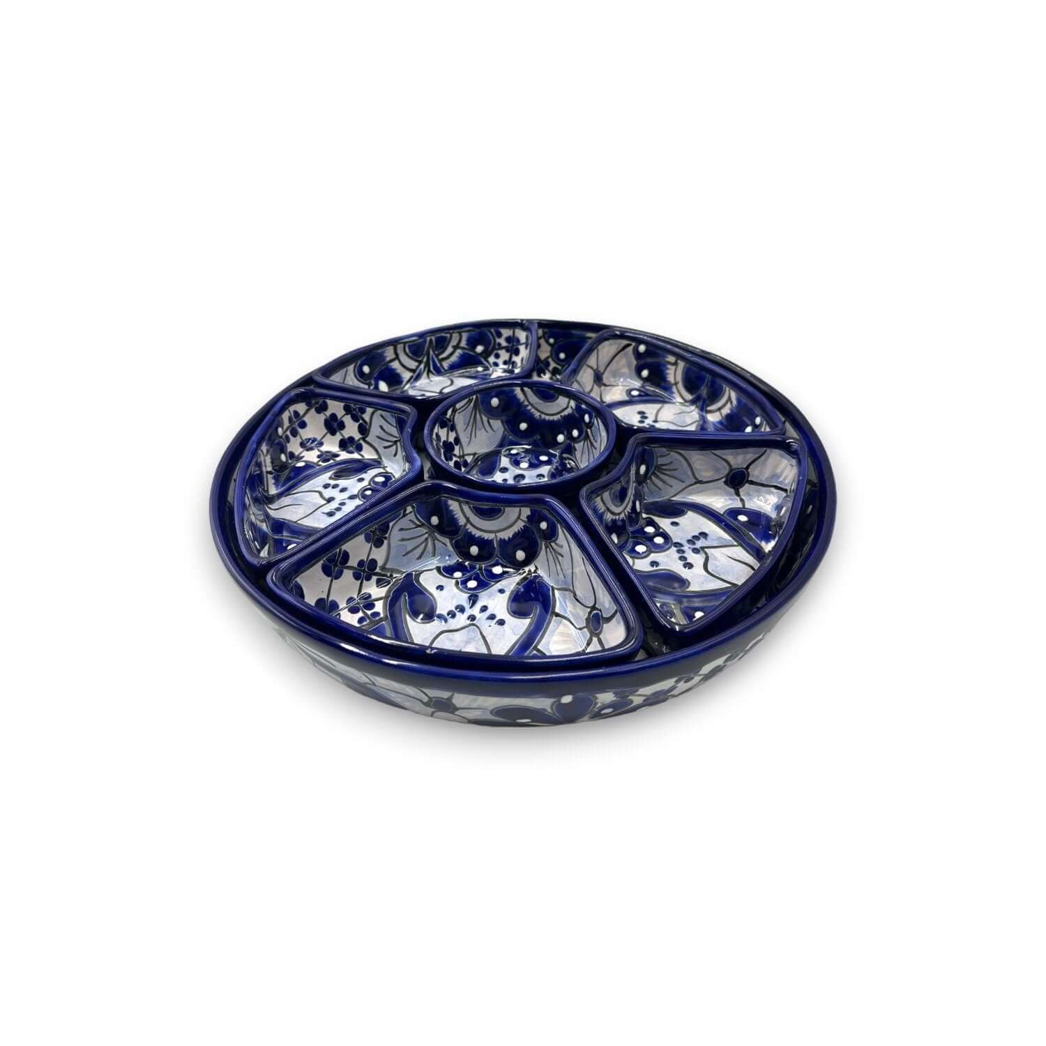 Handmade Talavera Appetizer Tray | Blue and White Sectional Platter - Cat Rodeo