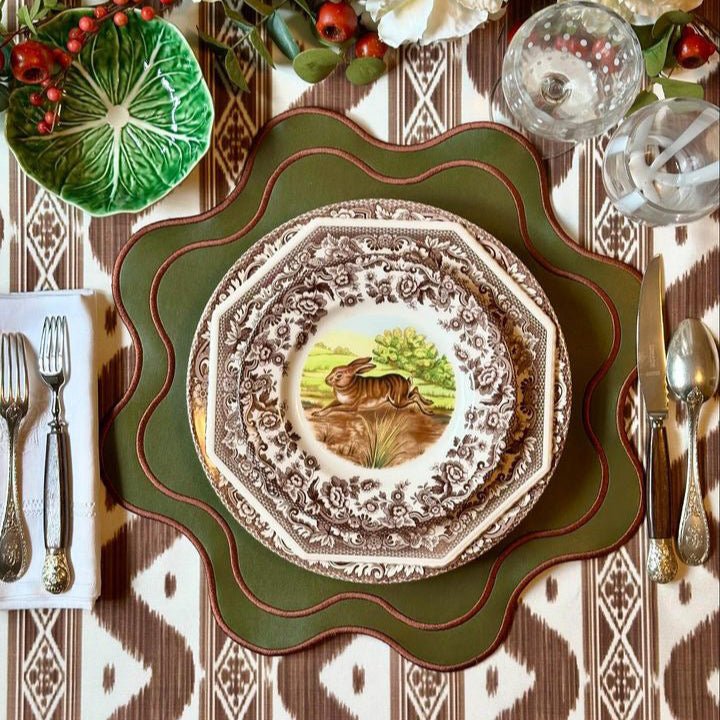 HAVEN DARK GREEN BROWN TRIM WAVY EDGE FAUX LEATHER PLACEMAT - mosswell.us