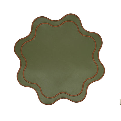HAVEN DARK GREEN BROWN TRIM WAVY EDGE FAUX LEATHER PLACEMAT - mosswell.us