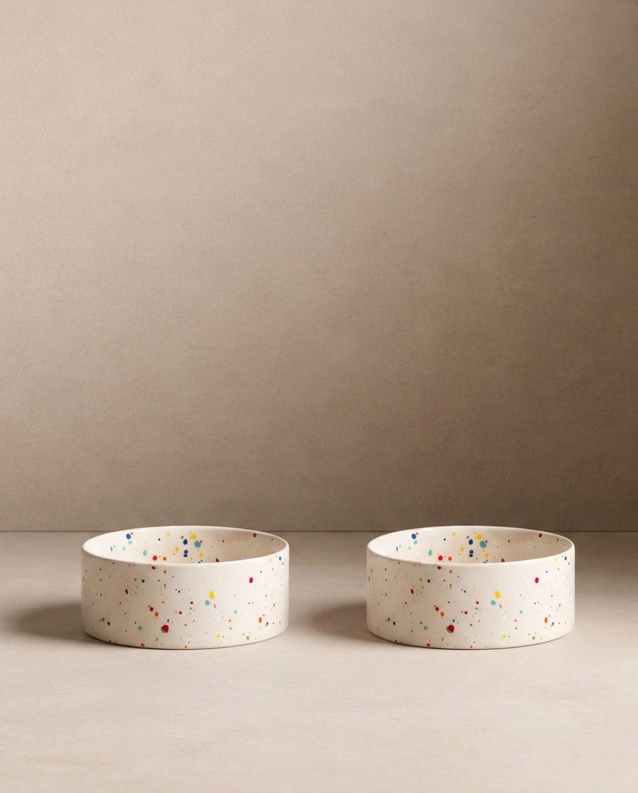 Set of 2 White Large stoneware ceramic Pet Bowls — Party Collection