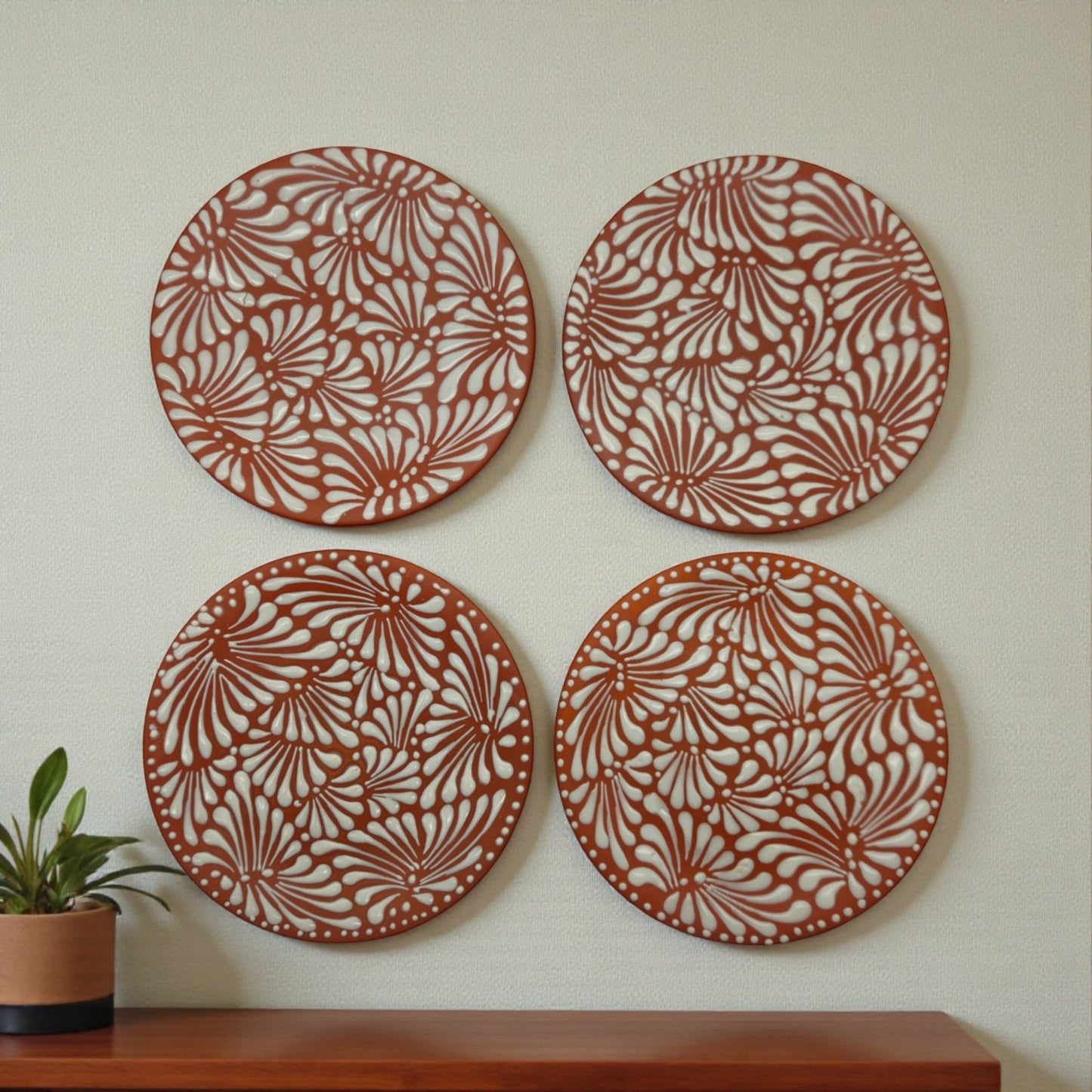 Set of 4 Brown & White Talavera Wall Plates | 10" Decorative Display - Cat Rodeo