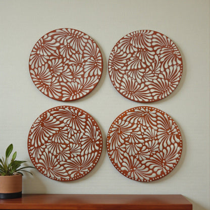 Set of 4 Brown & White Talavera Wall Plates | 10" Decorative Display - Cat Rodeo