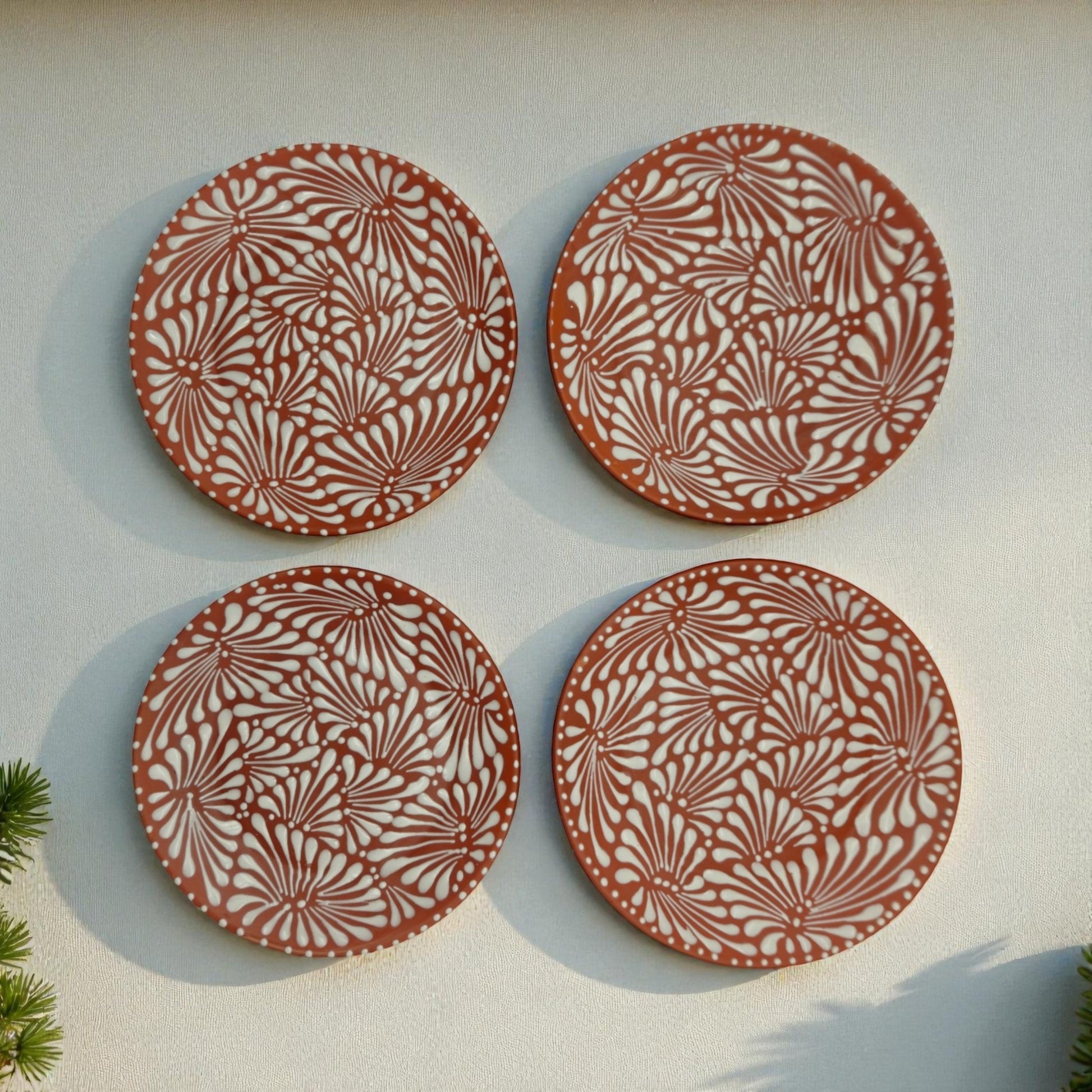 Set of 4 Brown & White Talavera Wall Plates | 11.5" Decorative Plates - Cat Rodeo