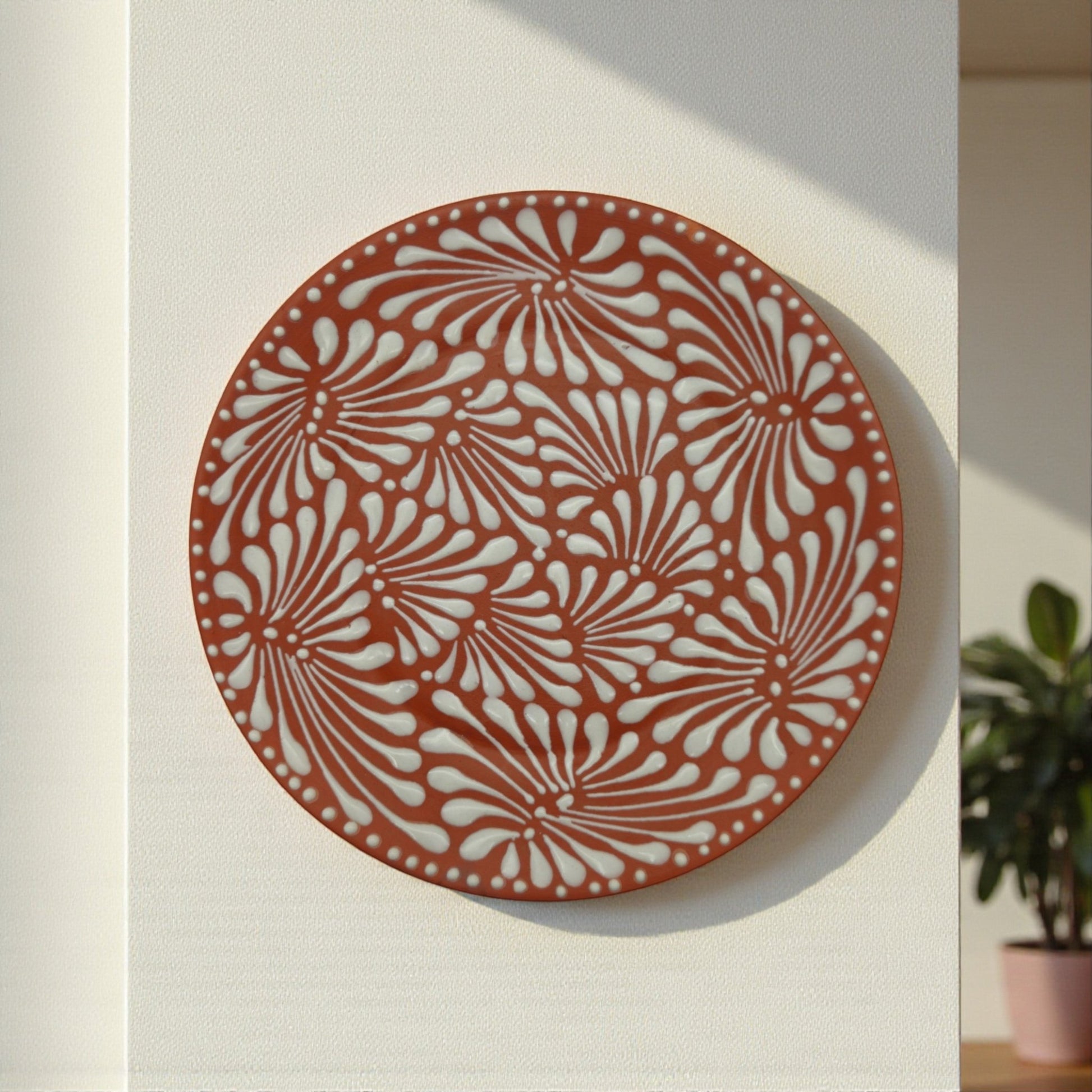 Set of 4 Brown & White Talavera Wall Plates | 11.5" Decorative Plates - Cat Rodeo