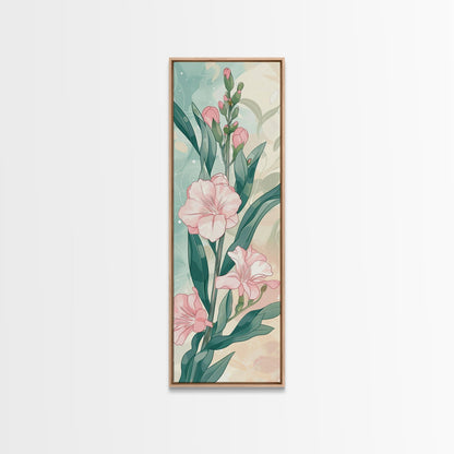 Skinny Art Pink Oleander Flowers In Japanese Style Wood Block Print Elegant Pastel Hues On Framed Canvas Print, Tall Art Ukiyo - e - mosswell.us