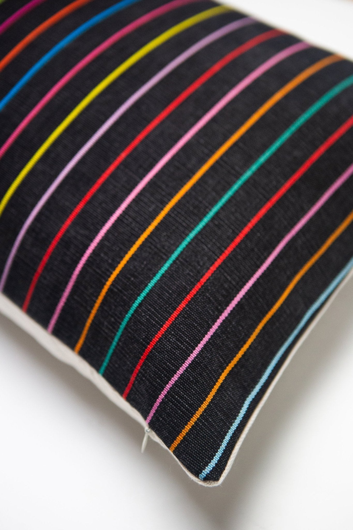 Vintage Washed Black Denim Rainbow Striped Pillow - mosswell.us