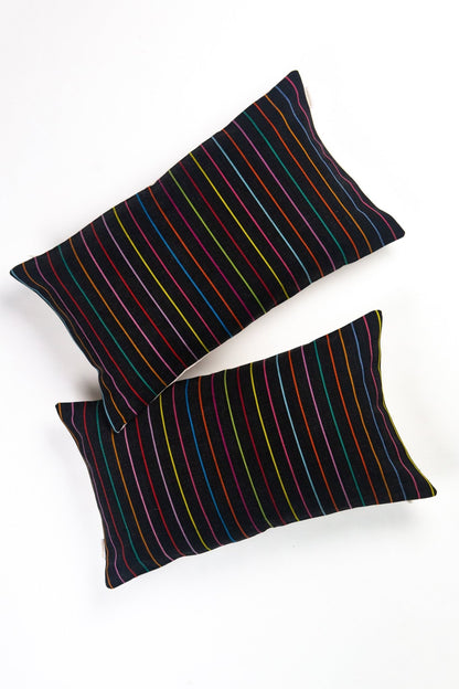 Vintage Washed Black Denim Rainbow Striped Pillow - mosswell.us