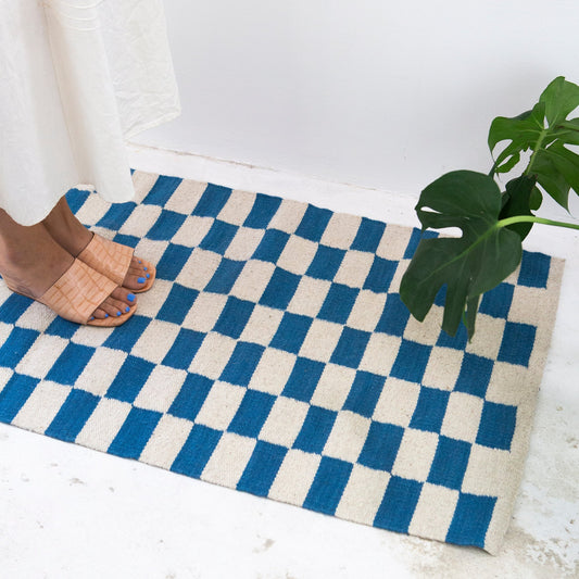 Zapotec Checkered Rug in Blue & Ivory - mosswell.us